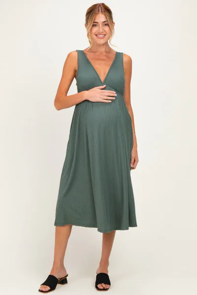 PinkBlush Olive Sleeveless Ribbed Knit A-Line Maternity Midi Dress