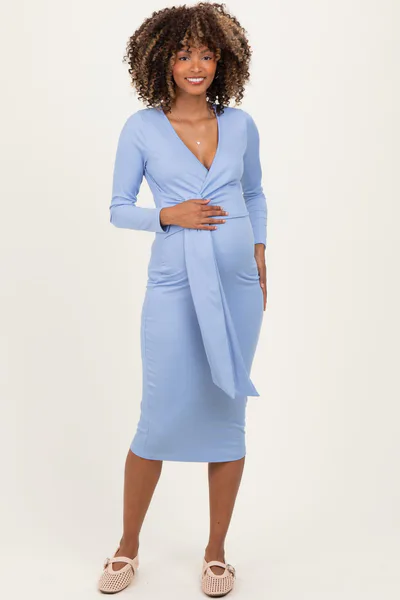 PinkBlush Blue Ribbed Long Sleeve Maternity Wrap Dress