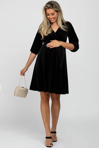 PinkBlush Black Velvet Wrap Front Babydoll Maternity Dress