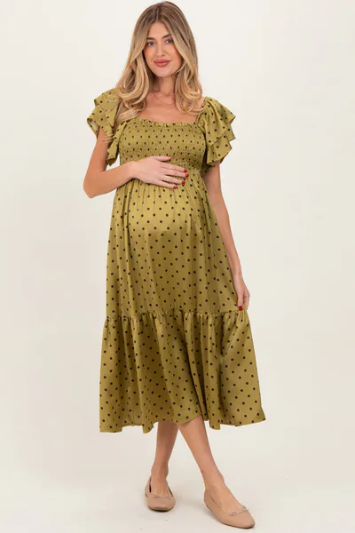 PinkBlush Light Olive Polka Dot Satin Smocked Flutter Sleeve Maternity Dress