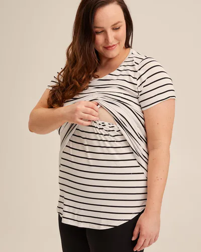 Peachy Mama Bamboo Nursing Tee - B&W Stripe