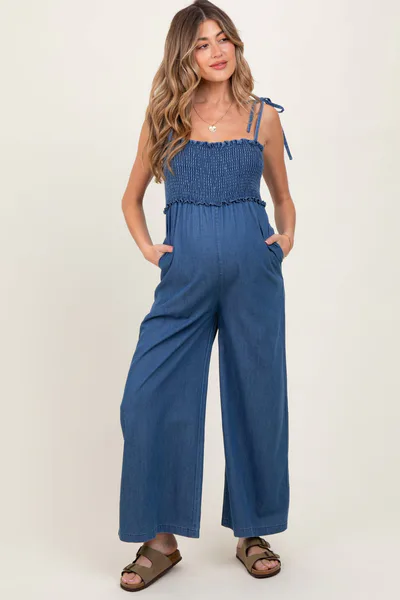 PinkBlush Blue Chambray Shoulder Tie Smocked Maternity Jumpsuit