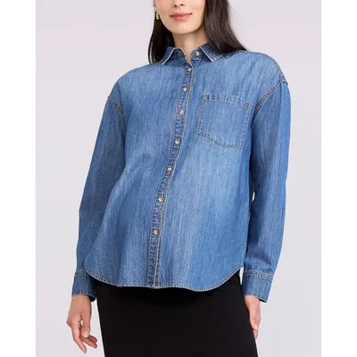 Target Women's Long Sleeve Button-Up Denim Maternity Shirt - Medium Wash - Size: Large - Motherhood Maternity