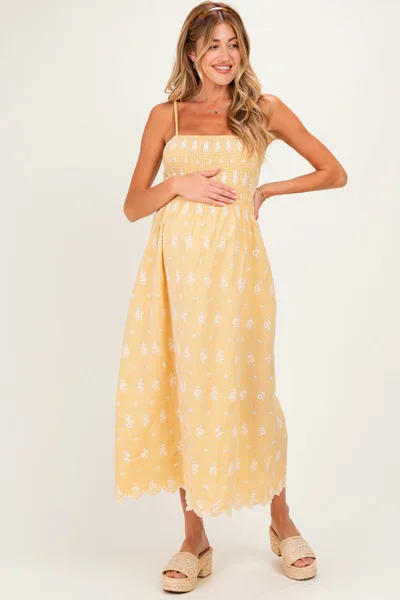 PinkBlush Yellow Embroidered Smocked Maternity Maxi Dress