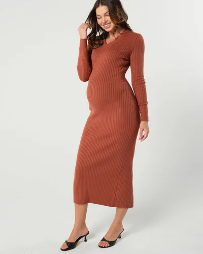 MARION Maternity MARION ReNew - Copper Full Body Ribbed Maternity & Nursing Midi Sweater Dress