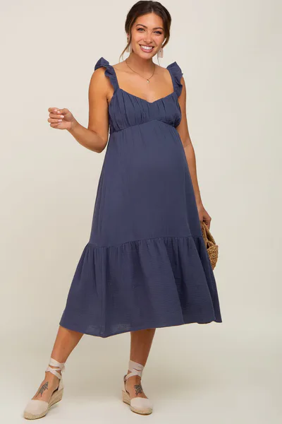 PinkBlush Navy Gauze Ruffle Maternity Midi Dress
