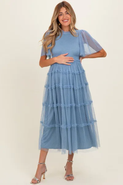 PinkBlush Blue Smocked Top Mesh Midi Dress
