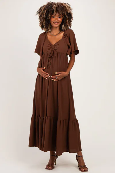 PinkBlush Brown Flutter Sleeve Ruffle Hem Maternity Maxi Dress
