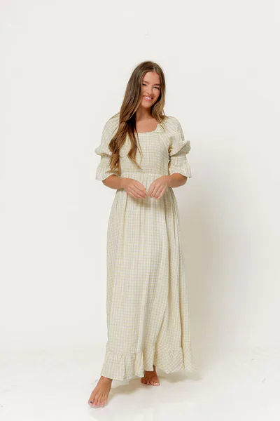 Worth Collective Sienna 100% Cotton Puff Sleeve Maxi Dress in Custard Plaid (Lined) - Bump Friendly