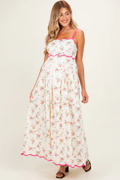 PinkBlush Pink Peony Creme Floral Scalloped Contrast Maternity Maxi Dress