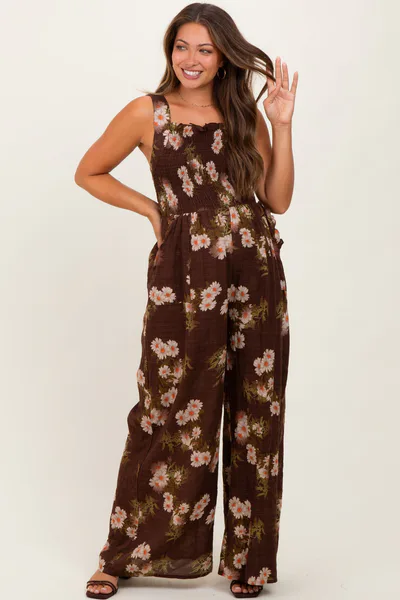 PinkBlush Brown Floral Smocked Maternity Jumpsuit