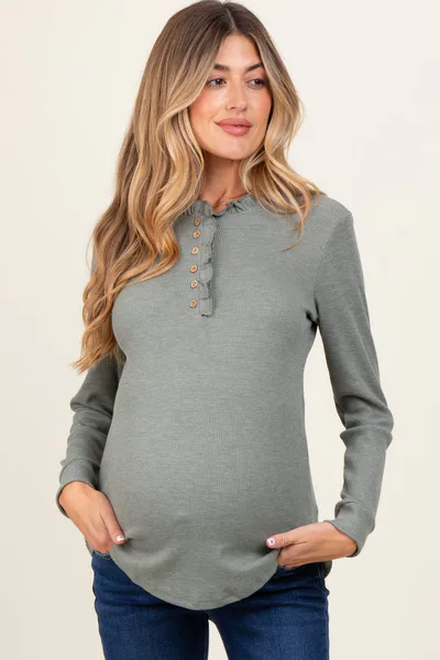PinkBlush Olive Ruffle Collar Micro Waffle Knit Maternity Henley Top