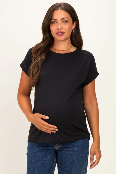 PinkBlush Black Rolled Cuff Sleeve Relaxed Fit Maternity Tee