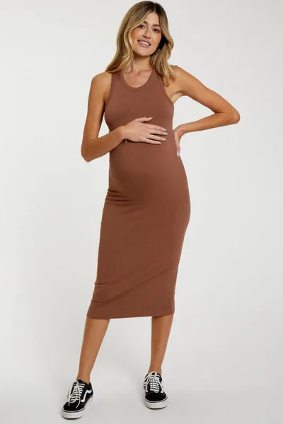PinkBlush Mocha Sleeveless Ribbed Fitted Maternity Midi Dress