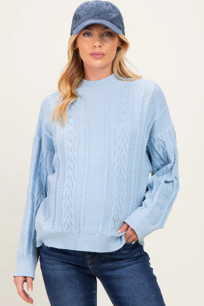 PinkBlush Light Blue Oversized Cable Knit Maternity Sweater