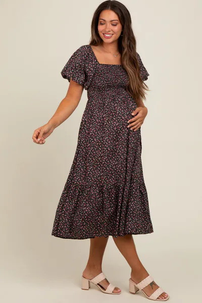 PinkBlush Black Floral Smocked Maternity Midi Dress