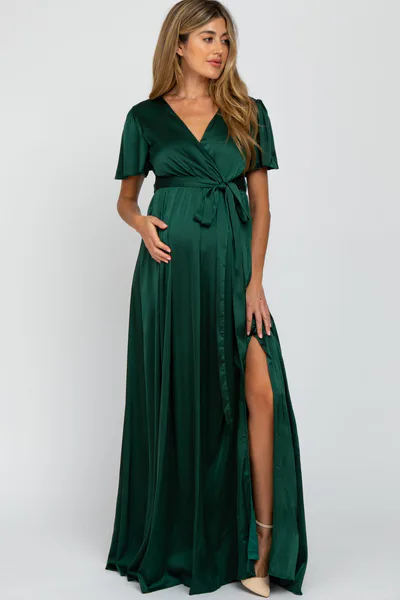 PinkBlush Green Side Slit Satin Maternity Maxi Dress