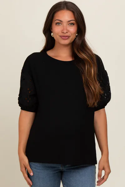 PinkBlush Black Short Puff Eyelet Lace Floral Sleeve Maternity Top