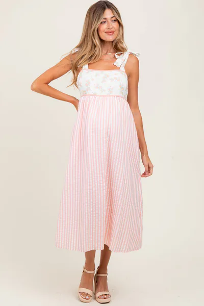 PinkBlush Peach Floral Contrast Stripe Shoulder Tie Maternity Midi Dress