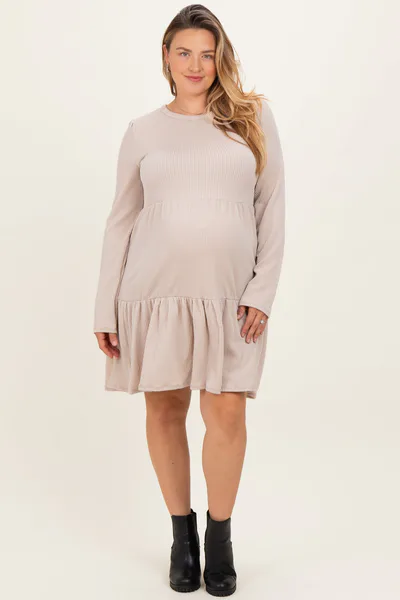 PinkBlush Beige Textured Rib Tiered Long Sleeve Maternity Plus Dress