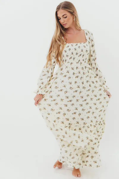 Worth Collective Emerson 100% Cotton Smocked Maxi Dress with Long Sleeves in Off White - Bump Friendly *8/5 PRE-ORDER*