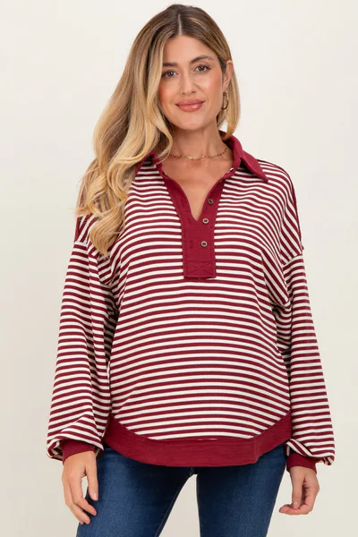 PinkBlush Burgundy Striped Oversized Collared Pullover Maternity Top