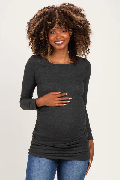 PinkBlush Charcoal Soft Knit Ruched Maternity Top