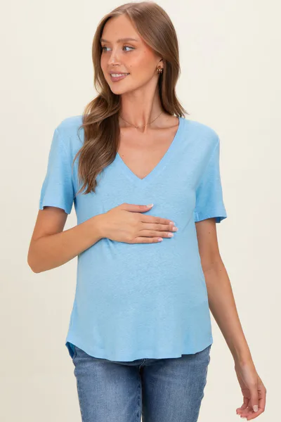 PinkBlush Sky Linen Blend V-Neck Short Sleeve Maternity T-Shirt