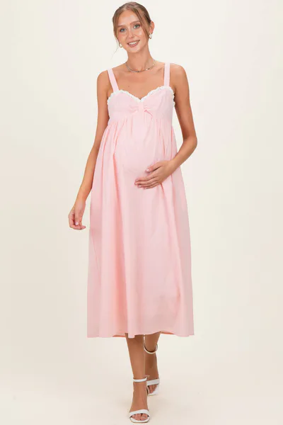 PinkBlush Peach Ruffle Trim Sweetheart Neckline Maternity Midi Dress