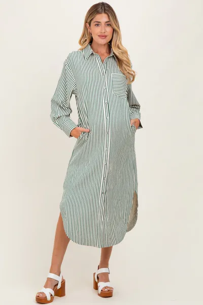 PinkBlush Forest Green Textured Stripe Button Down Maternity Shirt Dress
