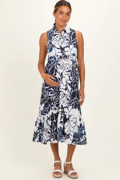 PinkBlush Navy Floral Belted Sleeveless Maternity Shirt Dress
