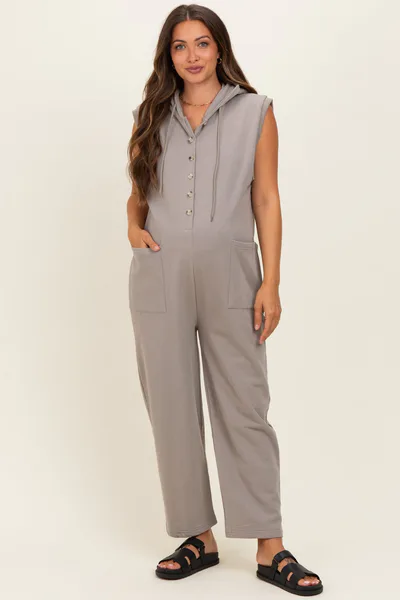 PinkBlush Vintage Taupe Button Up French Terry Maternity Jumpsuit