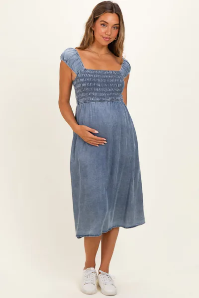 PinkBlush Medium Denim Chambray Smocked Maternity Midi Dress