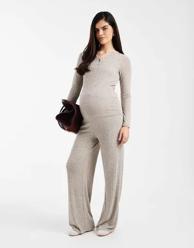 ASOS Mamalicious Maternity over the bump wide leg tie waist pants in khaki melange - part of a set