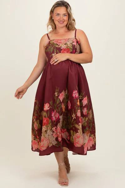 PinkBlush Burgundy Floral Thin Strap Maternity Plus Maxi Dress