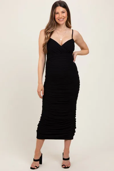 PinkBlush Black Mesh Ruched Fitted Maternity Midi Dress