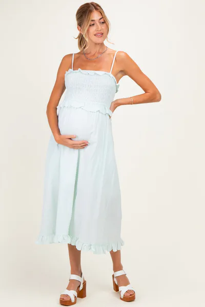 PinkBlush Sage Striped Smocked Ruffle Accent Maternity Midi Dress