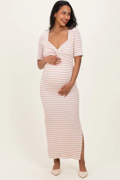 PinkBlush Cream/ Pink Striped Knit Short Sleeve Maternity Maxi Dress