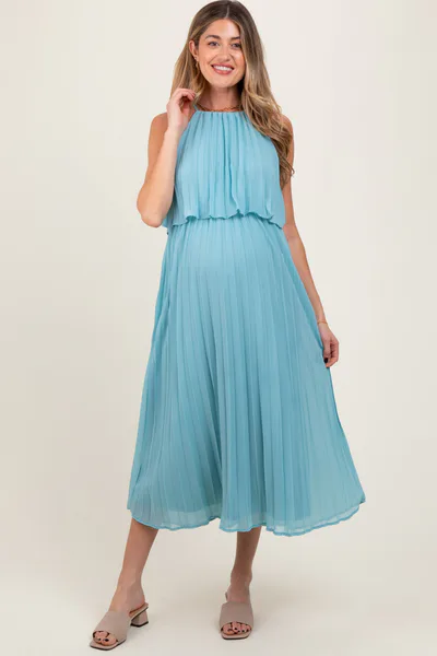 PinkBlush Blue Pleated Woven Maternity Midi Dress