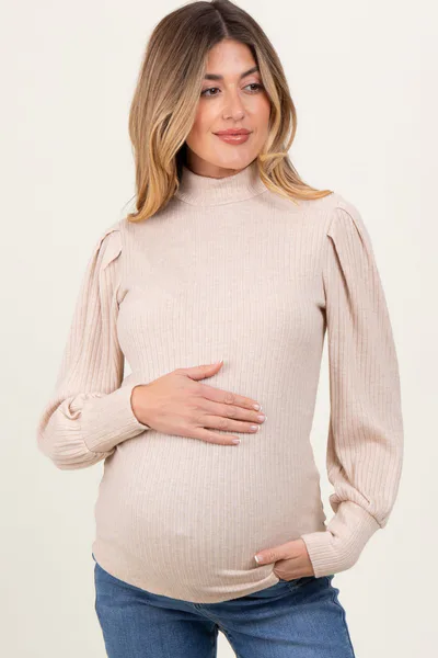 PinkBlush Beige Ribbed Mock Neck Bubble Sleeve Maternity Top