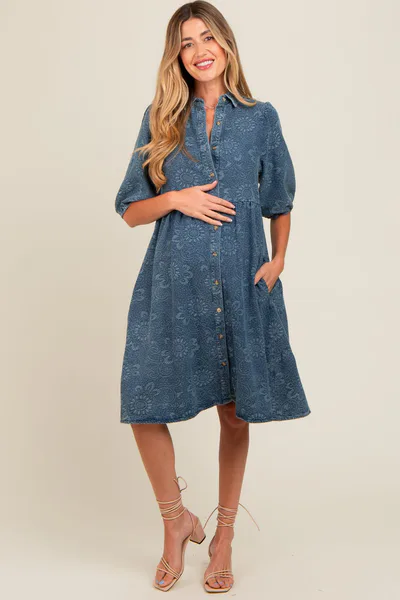 PinkBlush Blue Denim Button Front Short Puff Sleeve Maternity Dress