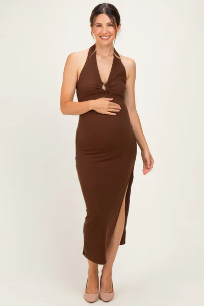 PinkBlush Hazel Knit Halter Gold Ring Maternity Maxi Dress