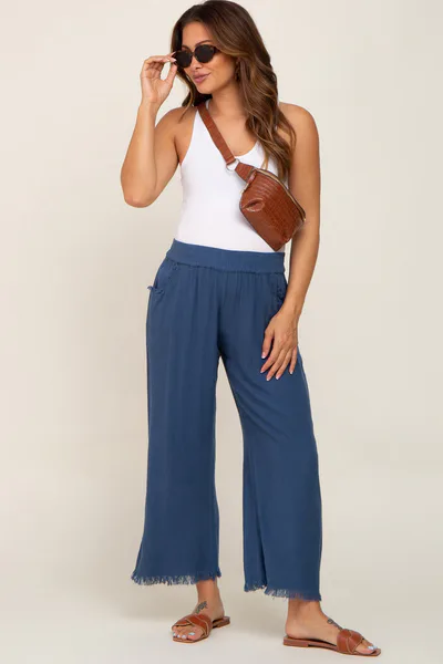 PinkBlush Navy Linen Frayed Hem Crop Maternity Pants