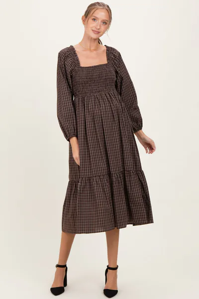 PinkBlush Brown Plaid Smocked Puff Sleeve Maternity Midi Dress