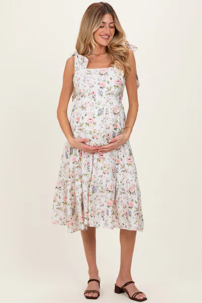 PinkBlush Ivory Floral Shoulder Tie Tiered Maternity Midi Dress