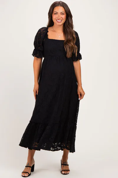 PinkBlush Black Floral Lace Square Neck Maternity Maxi Dress