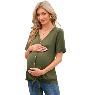 Target Coolmee Womens Maternity Tops Short Sleeve V Neck Tunic Blouse Tie Front Button Up T Shirts Army Green 2XL