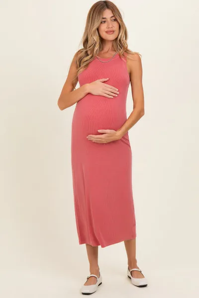 PinkBlush Dusty Rose Ribbed Maternity Midi Tank Dress