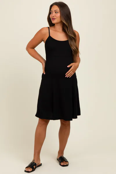 PinkBlush Black Ribbed Sleeveless Maternity Skater Dress
