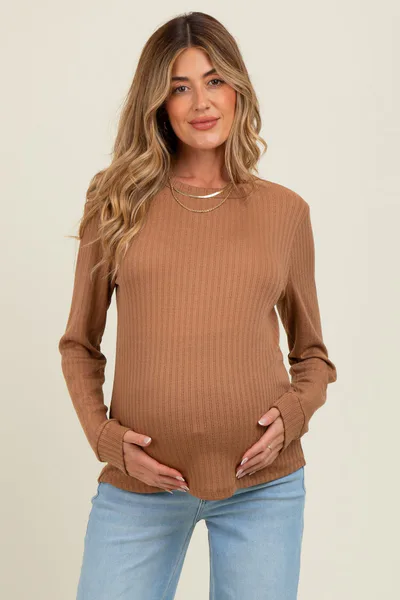 PinkBlush Camel Pointelle Knit Maternity Long Sleeve Top